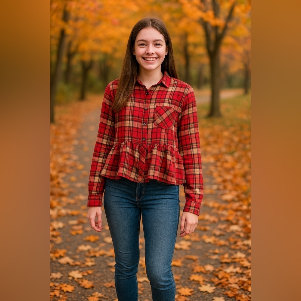 EUC HYFVE Red/tan/Black Flannel Plaid Shirt with Ruffle Sz Medium 🍁 Fall 🍁